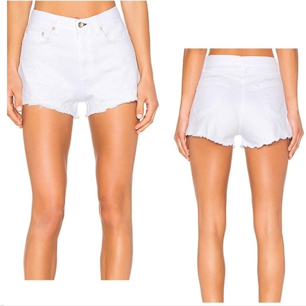 RAG & BONE Justine embroidered hi rise white stretch denim cut off shorts 26 NWT